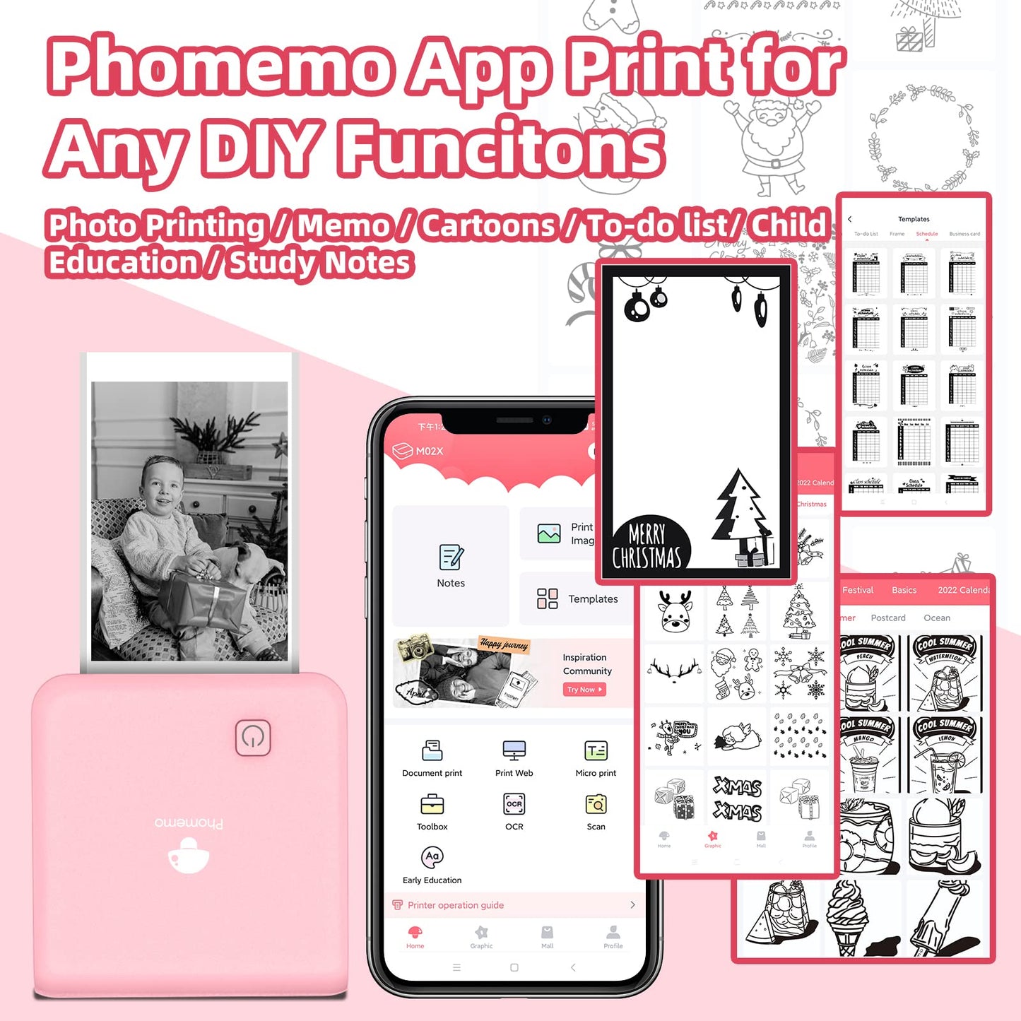 Mini Pocket Printer - Phomemo M02Pro Thermal Bluetooth Sticker Printer, 300DPI Portable Photo Printer, Compatible with iOS & Android, for Plan Journal, Art Creation, Graffiti, Gift, Pink